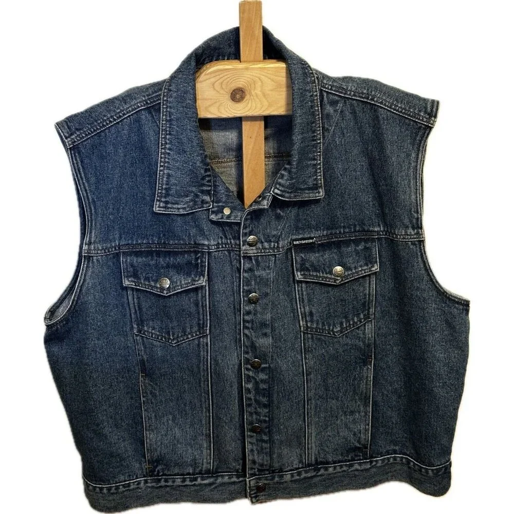 Harley-Davidson Mens Biker Denim Vest-3XL XXXL Snap Leather Patch Pockets‎ Core